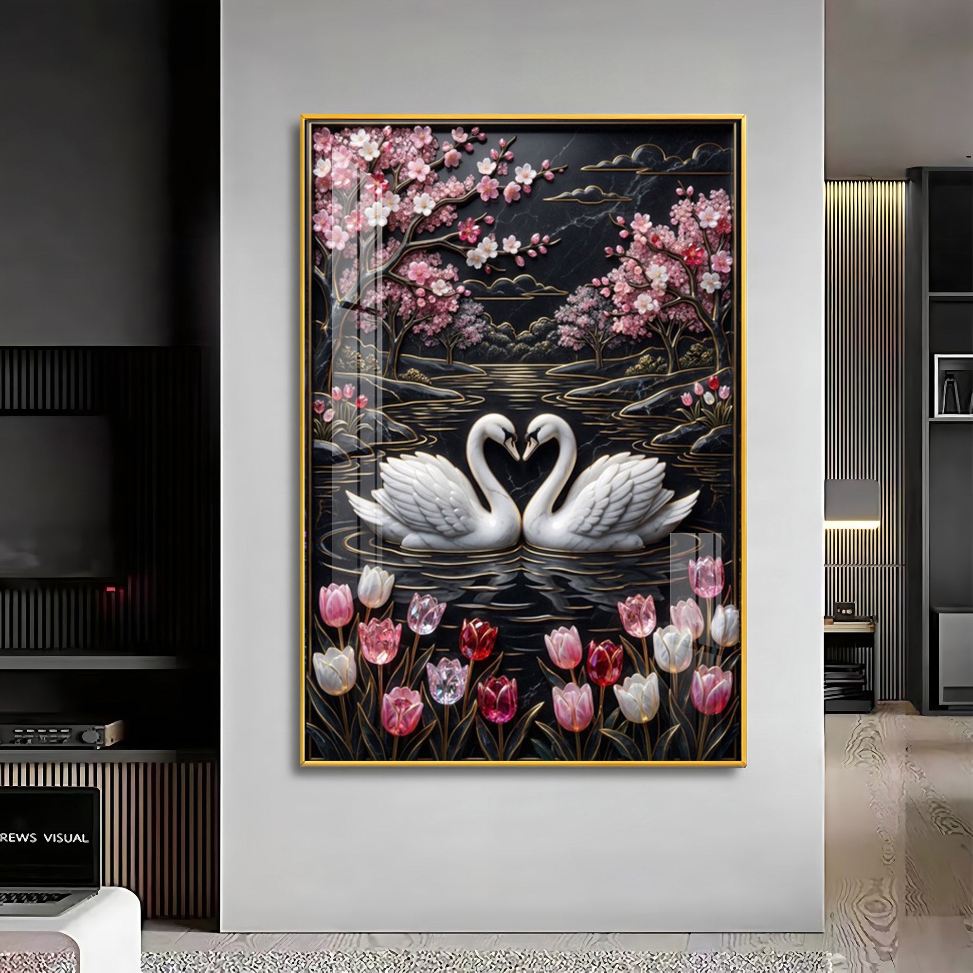 Swan Pair On A Pond Premium Acrylic Vertical Wall Art