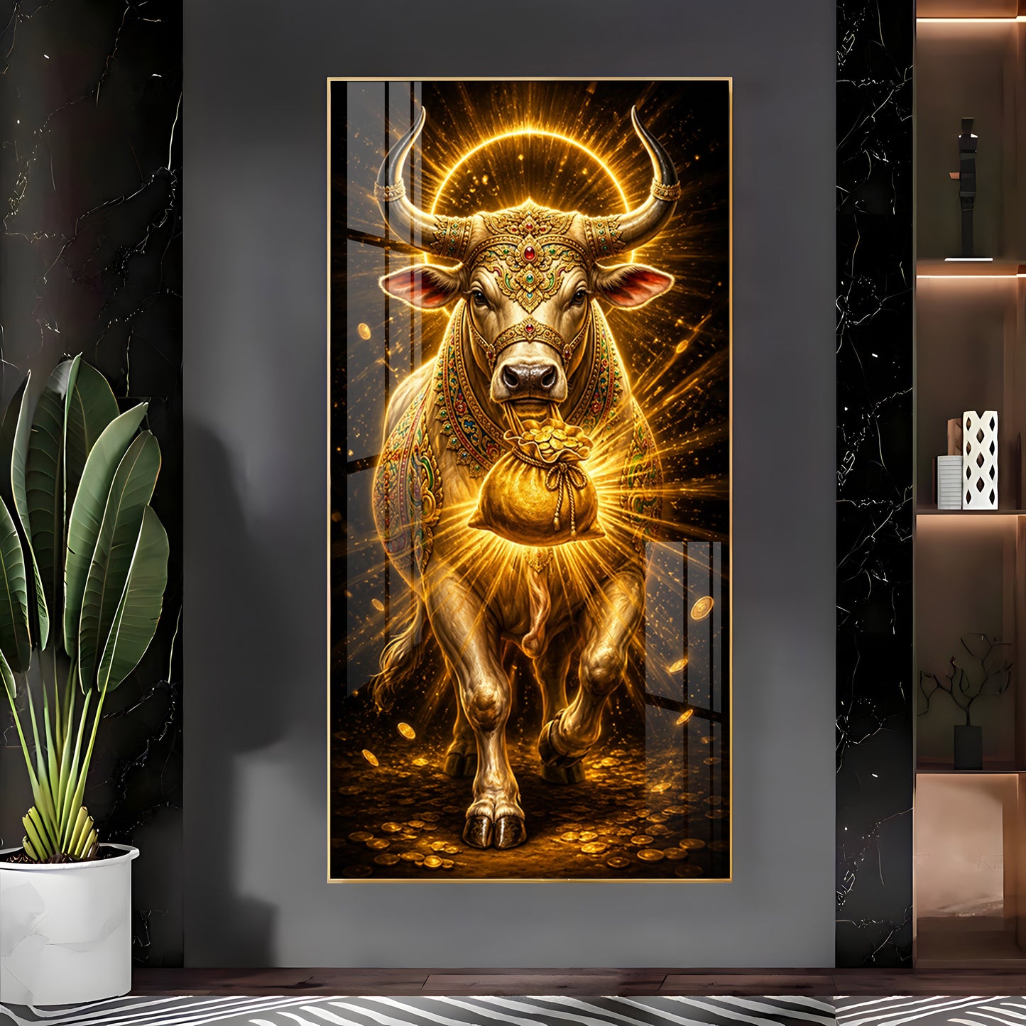 Golden Bull With Bag Of Wealth Premium Acrylic Vertical Wall Art