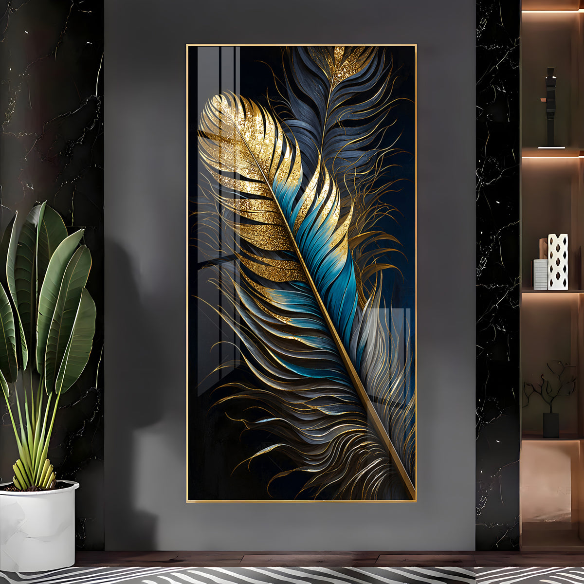 Luxurious Golden & Blue Feathers Premium Acrylic Vertical Wall Art