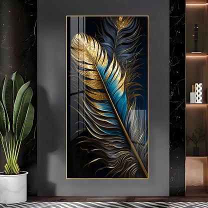 Luxurious Golden & Blue Feathers Premium Acrylic Vertical Wall Art