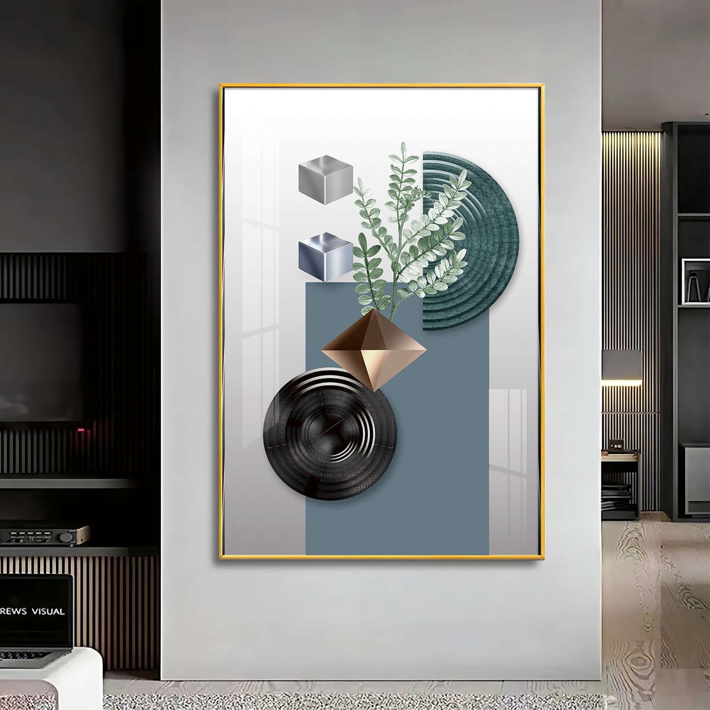 Geometric Art With Leafs Premium Acrylic Vertical Wall Art