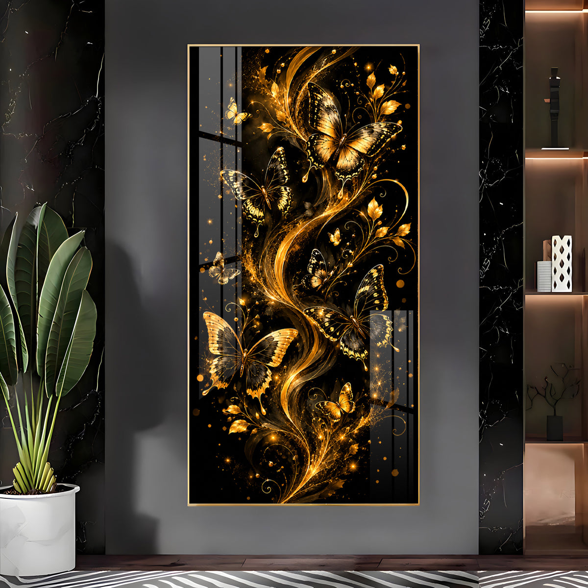 Graceful Golden Butterflies & Floral Swirls Premium Acrylic Vertical Wall Art