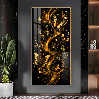 Graceful Golden Butterflies & Floral Swirls Premium Acrylic Vertical Wall Art