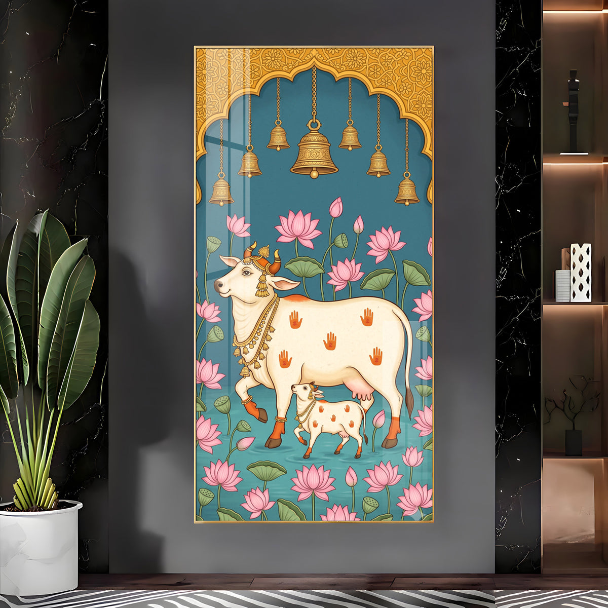 Pichwai Cow & Calf Premium Acrylic Vertical Wall Art