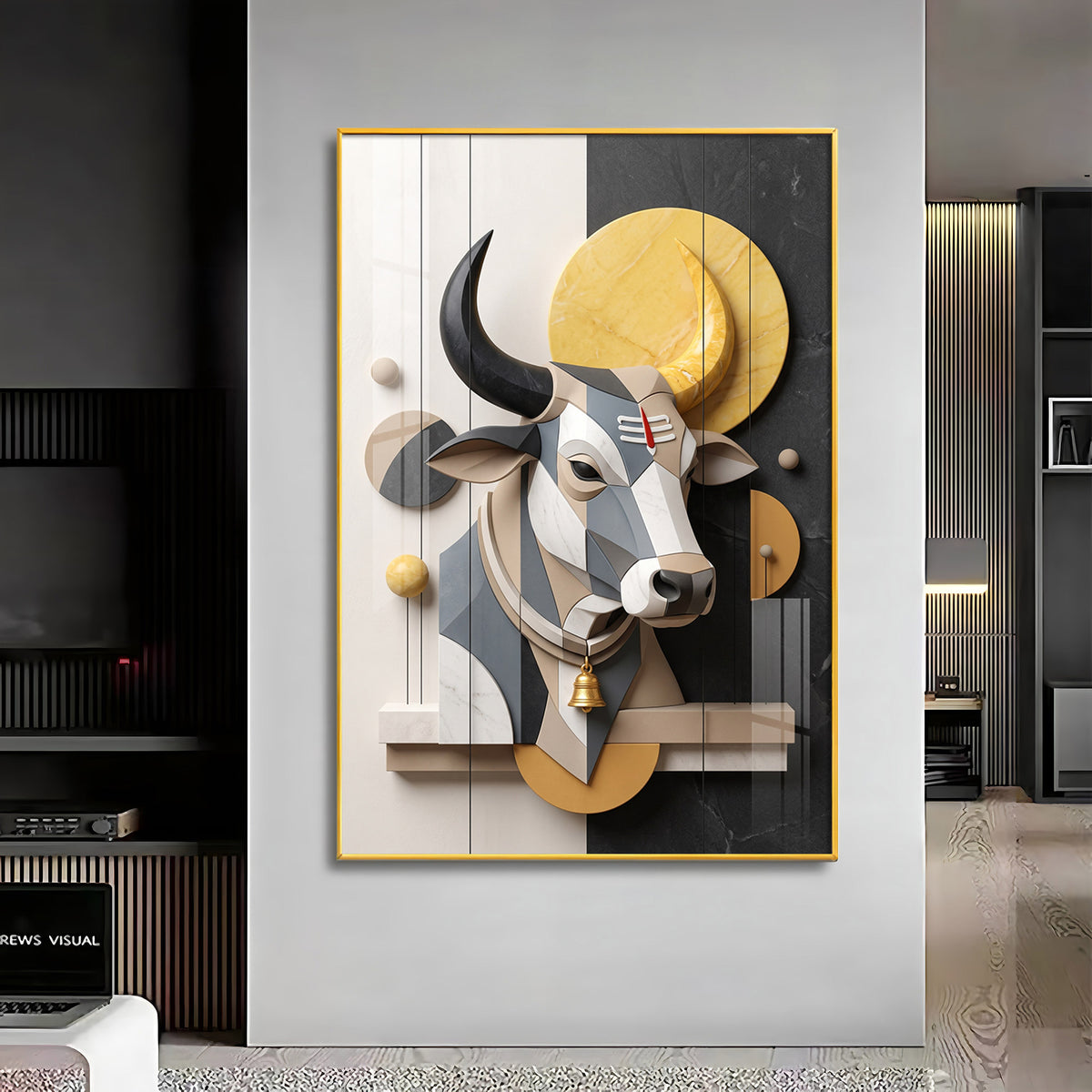 Modern Geometric Nandi with Tilak & Bell Premium Acrylic Vertical Wall Art