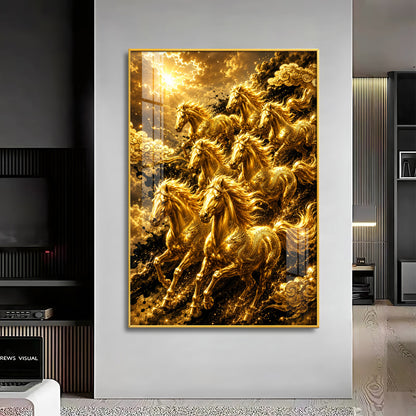 Golden Seven Horses Premium Acrylic Vertical Wall Art