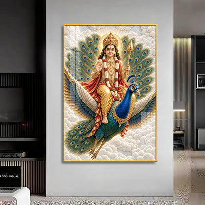 Lord Murugan With Peacock & Vel Premium Acrylic Vertical Wall Art
