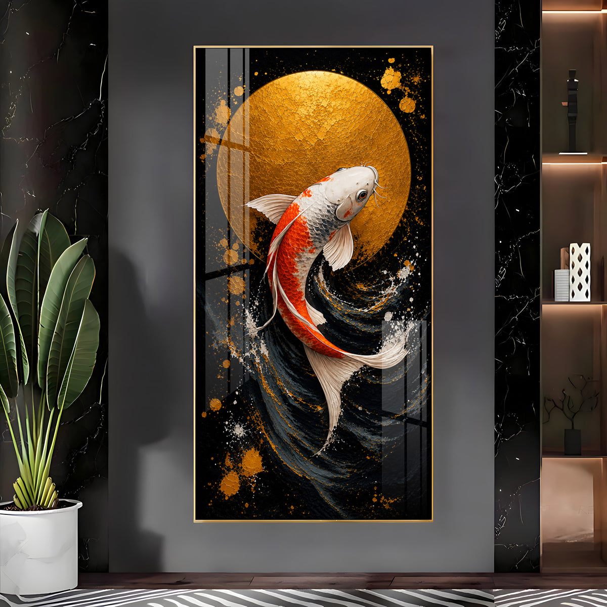 Golden Moon & Swimming Koi Fish Premium Acrylic Vertical Wall Art