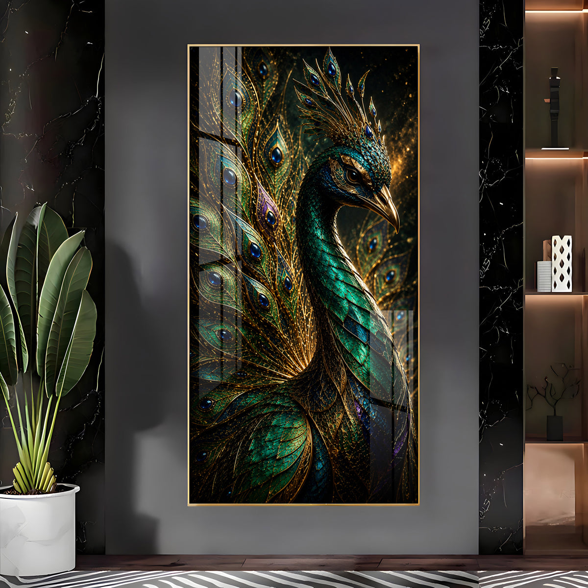 Majestic Jewel Toned Peacock Feather Premium Acrylic Vertical Wall Art