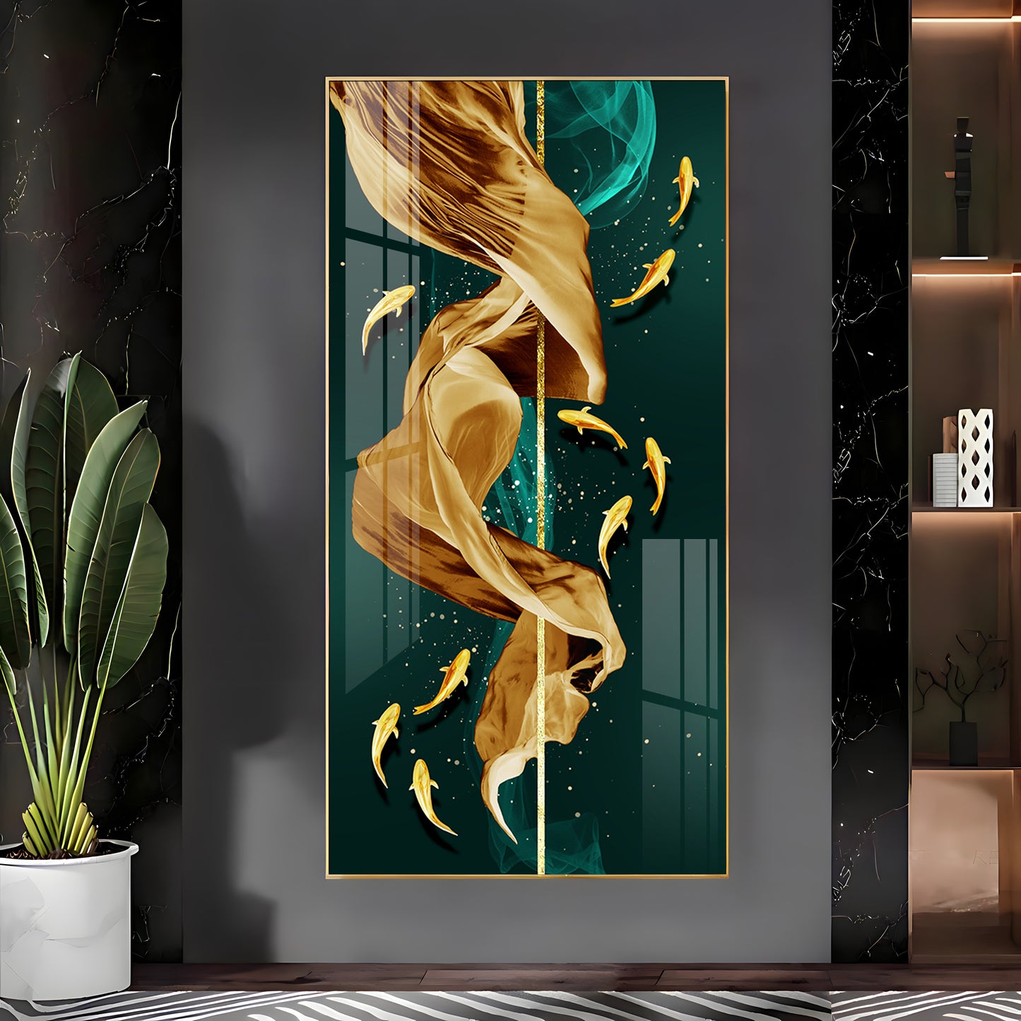 Fish & Flowing Gold Layer Premium Acrylic Vertical Wall Art