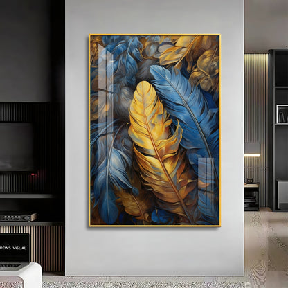 Blue & Yellow Feathers Premium Acrylic Vertical Wall Art