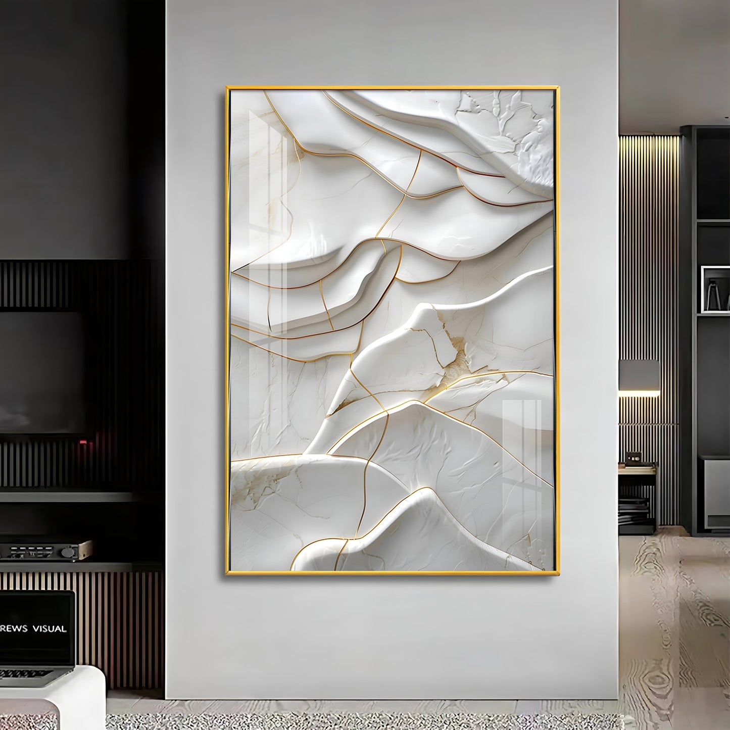 Golden Threaded White Surface Premium Acrylic Vertical Wall Art