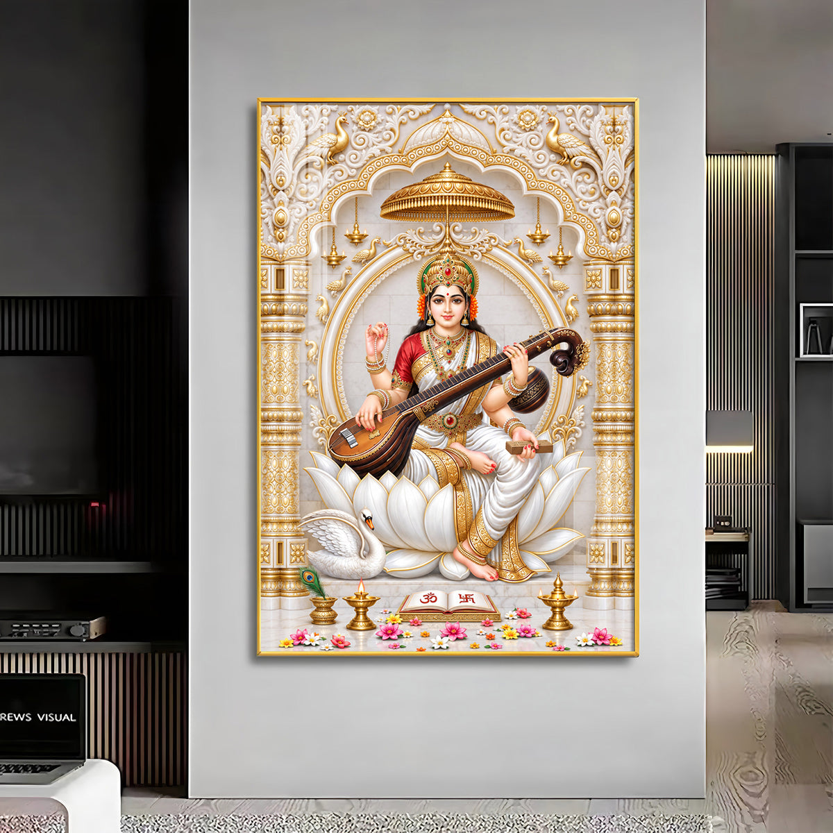 Divine Saraswati Devi Premium Acrylic Vertical Wall Art