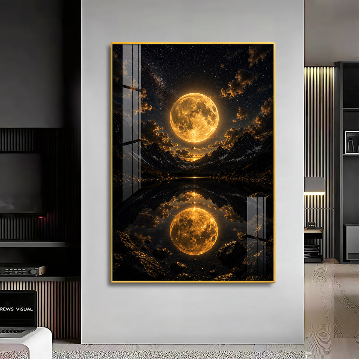 Luminous Supermoon & Mountain Lake Reflection Premium Acrylic Vertical Wall Art