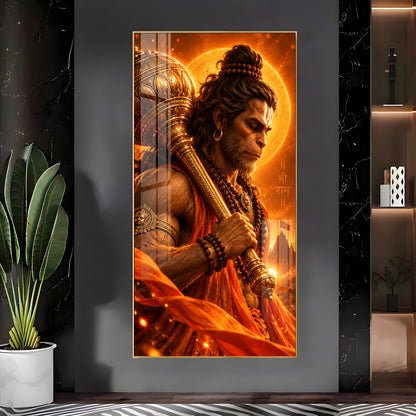 Hanuman With Golden Gada Premium Acrylic Vertical Wall Art