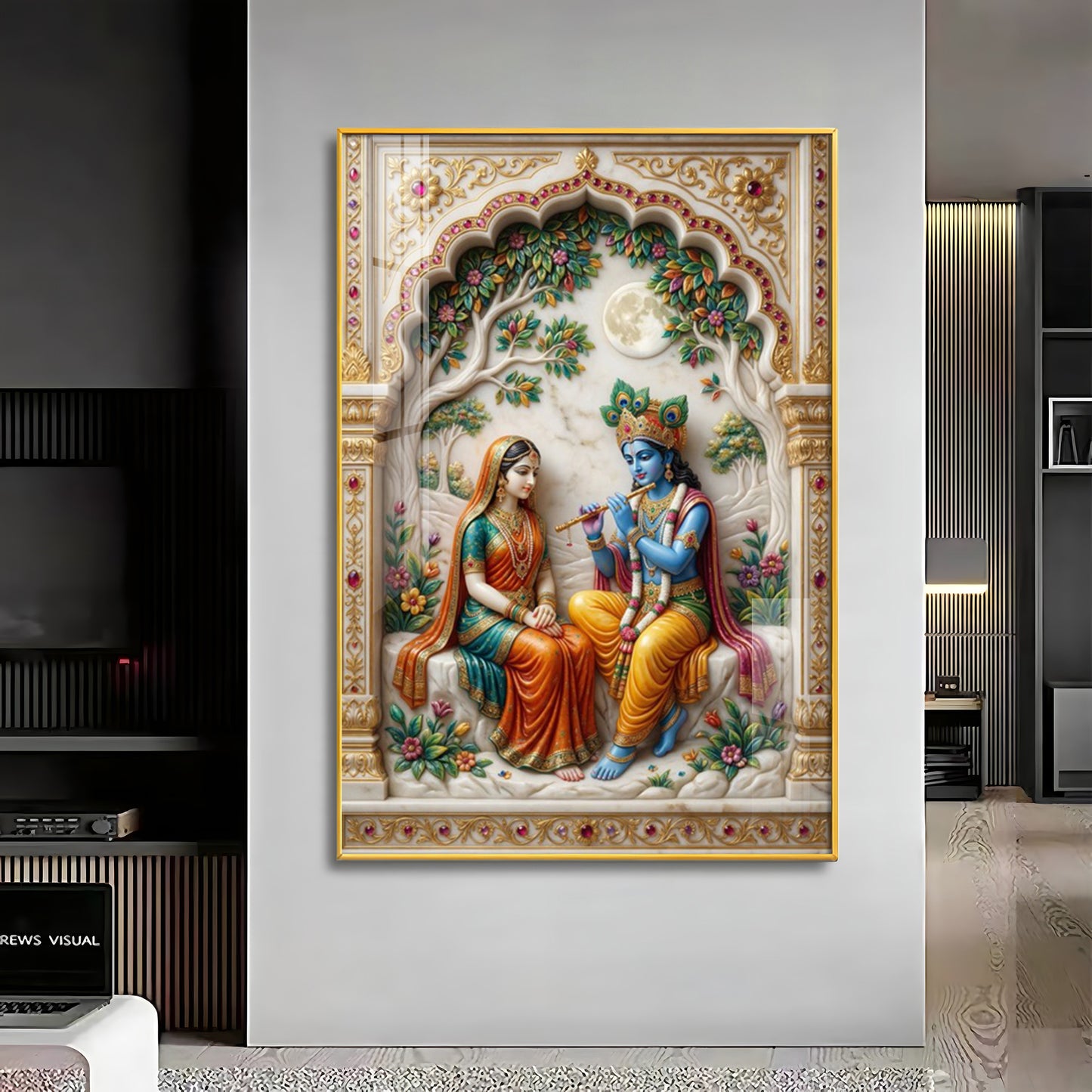 Depiction Of Krishna With Radha Premium Acrylic Vertical Wall Art