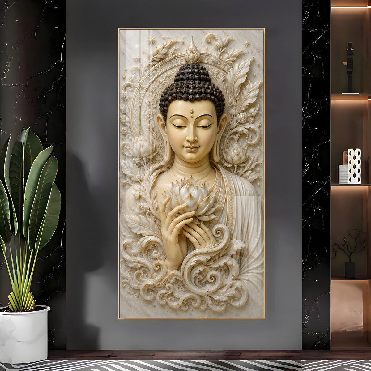 Serene Buddha White Lotus Premium Acrylic Vertical Wall Art