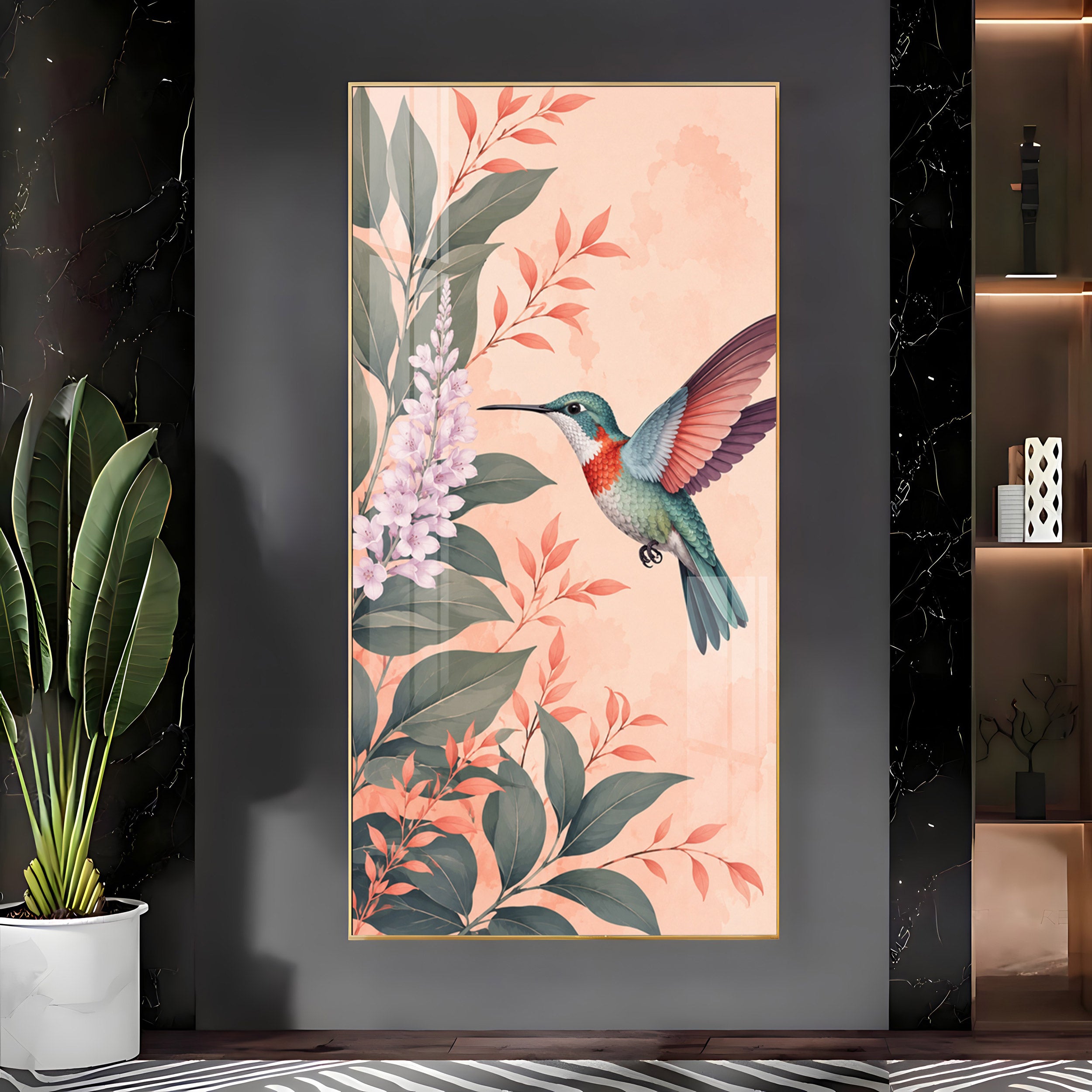 Hummingbird & Botanical Flowers Premium Acrylic Vertical Wall Art
