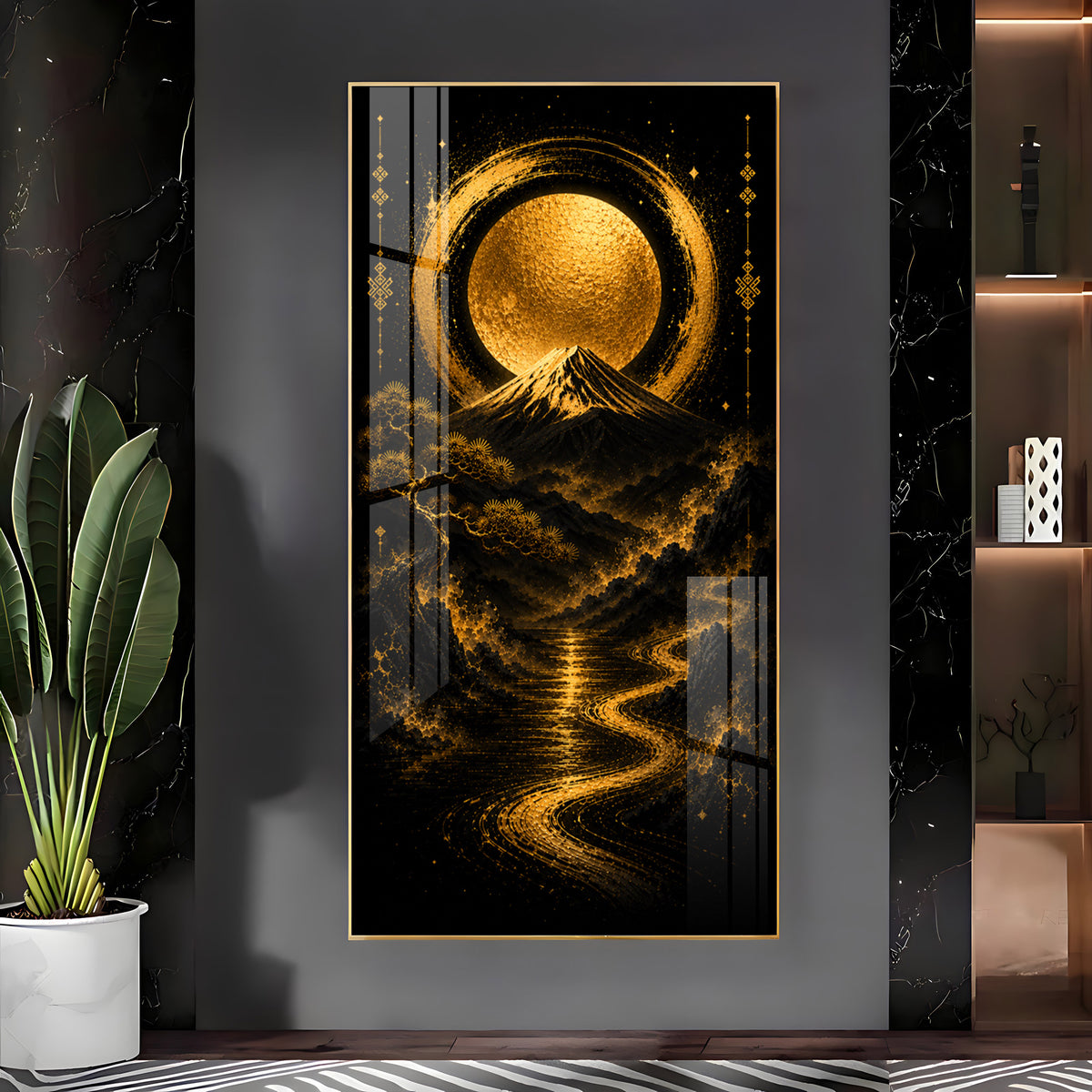 Golden Moon & Sacred Mountain Landscape Premium Acrylic Vertical Wall Art