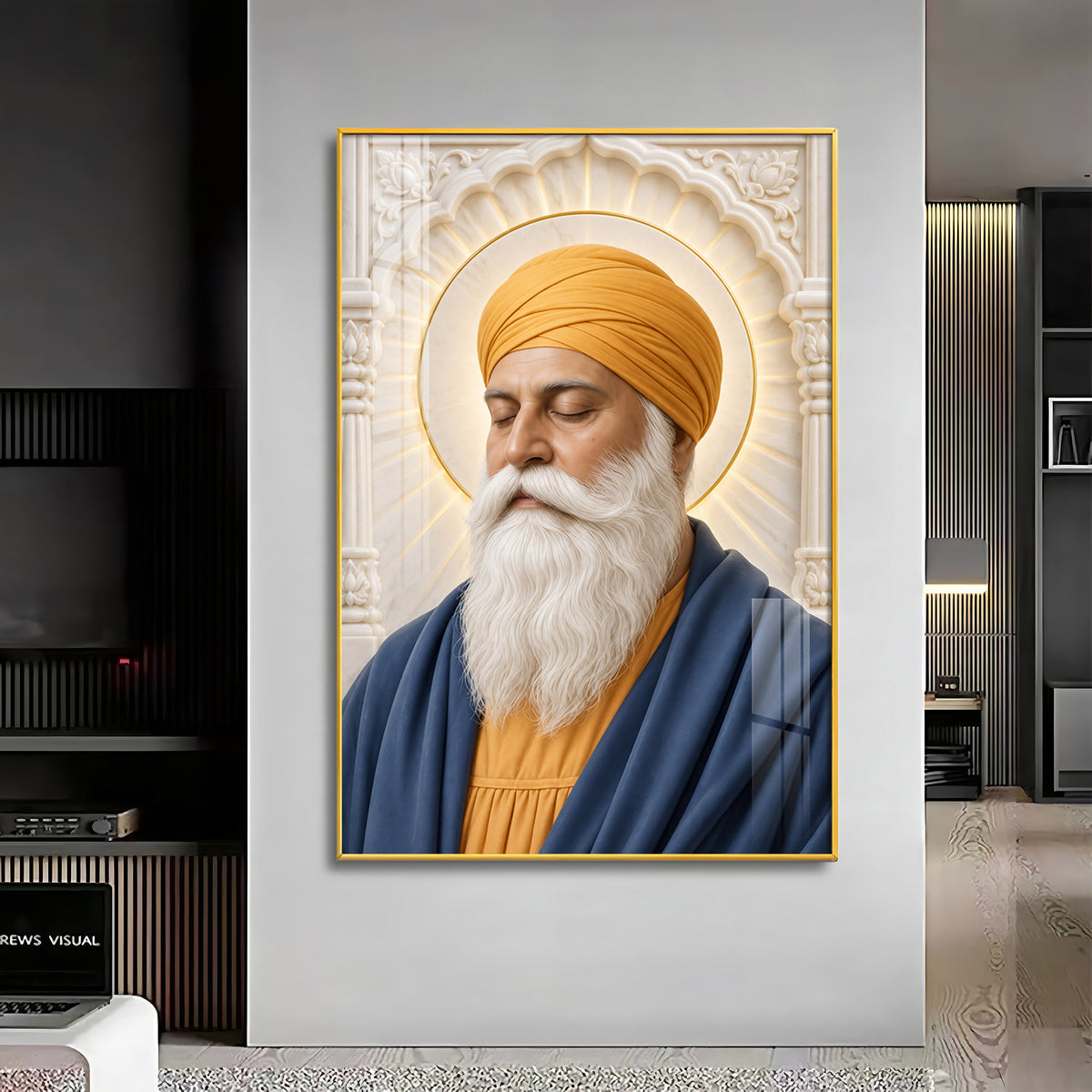 Guru Nanak Devji in Yellow Turban Premium Acrylic Vertical Wall Art