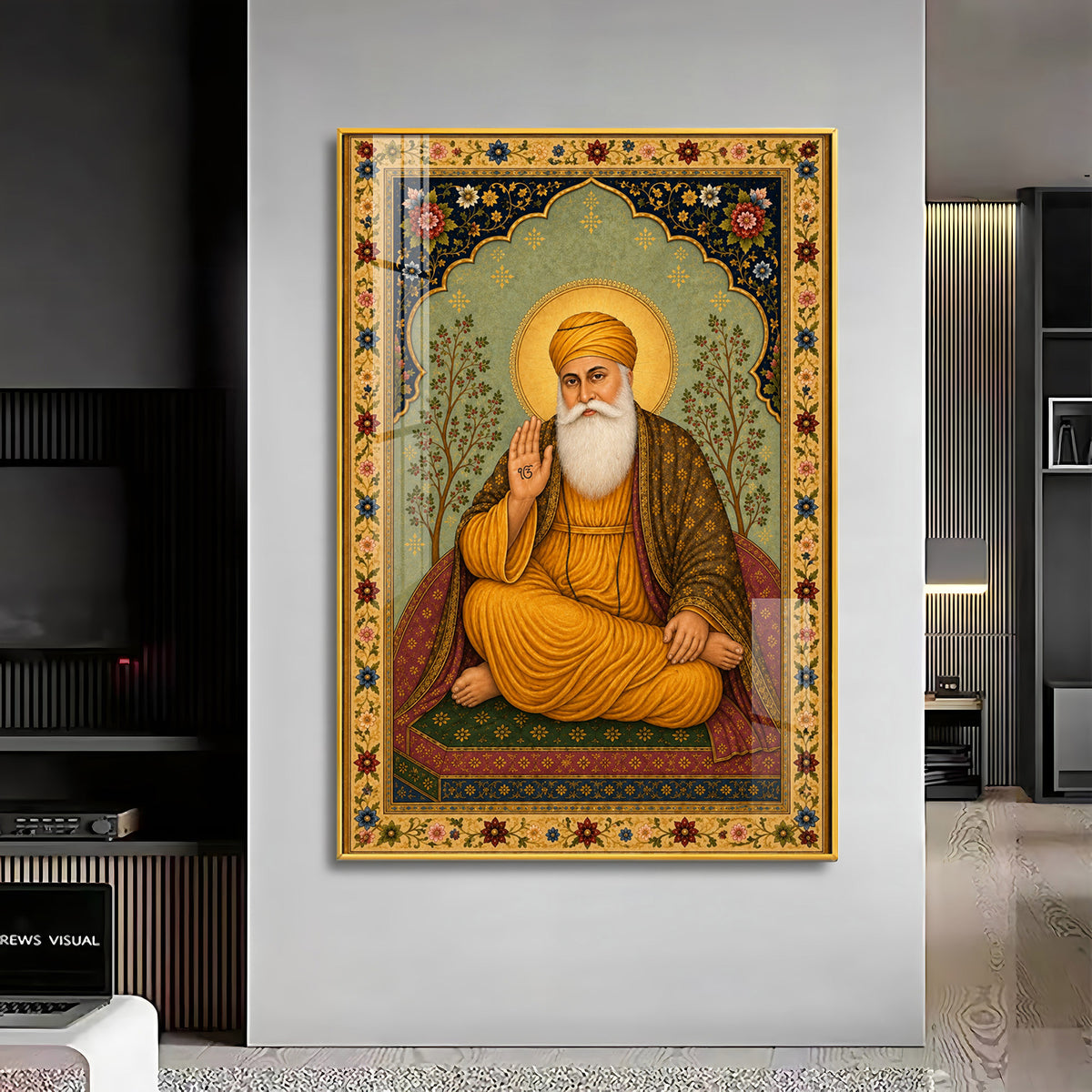 Guru Nanak Dev Ji Floral Border Premium Acrylic Vertical Wall Art