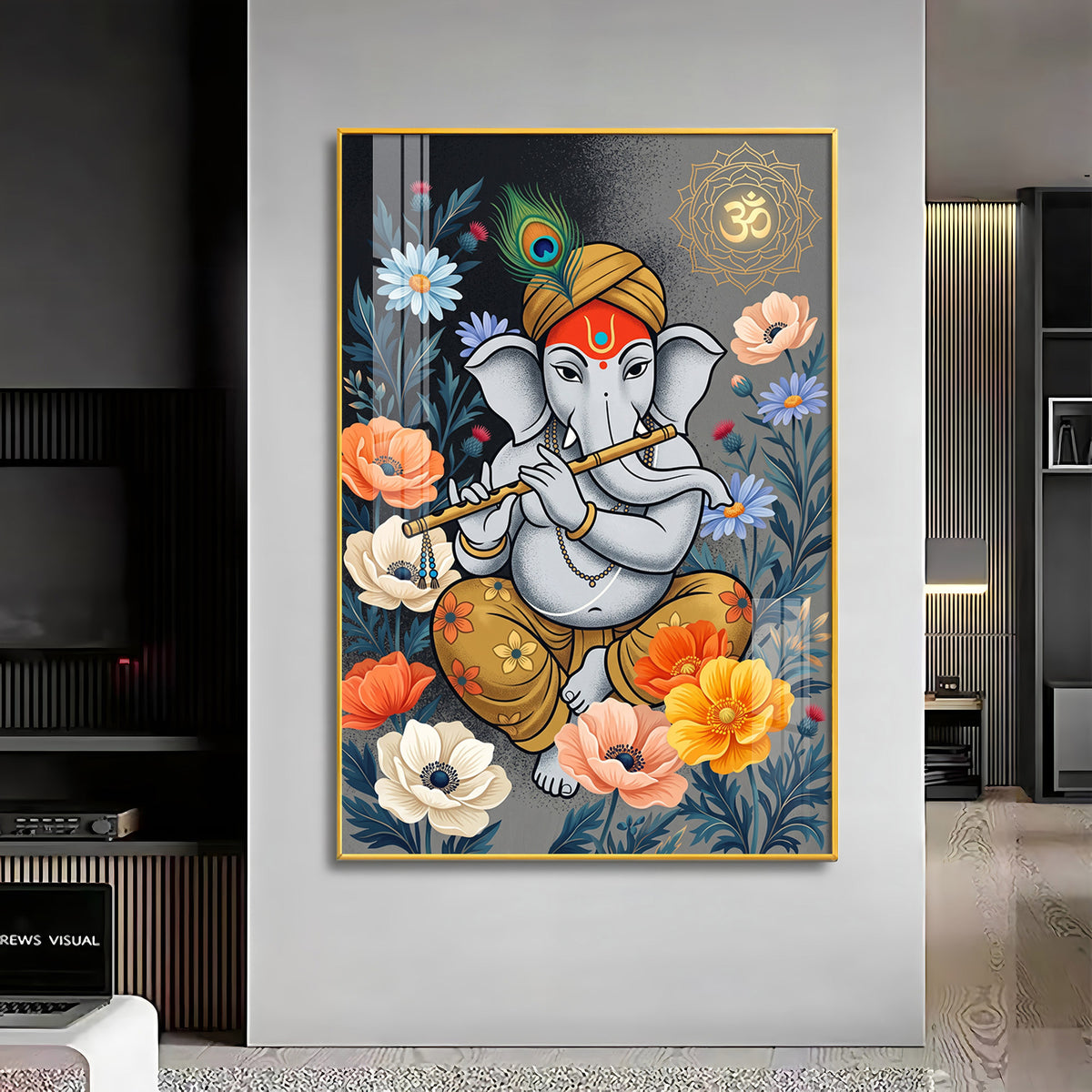 Lord Ganesha Playing Flute Premium Acrylic Vertical Wall Art