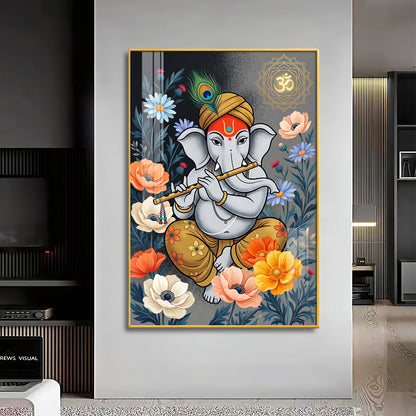 Lord Ganesha Playing Flute Premium Acrylic Vertical Wall Art