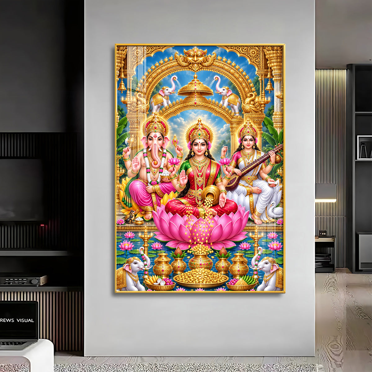 Divine Goddess Lakshmi, Lord Ganesha and Goddess Saraswati Premium Acrylic Vertical Wall Art
