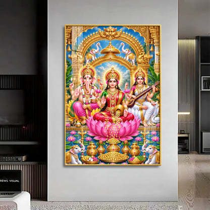 Divine Goddess Lakshmi, Lord Ganesha and Goddess Saraswati Premium Acrylic Vertical Wall Art