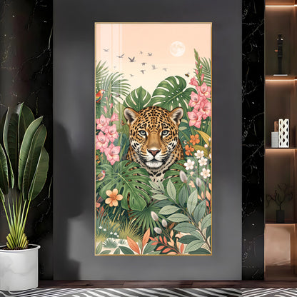 Tropical Jungle Leopard & Floral Leaves Premium Acrylic Vertical Wall Art
