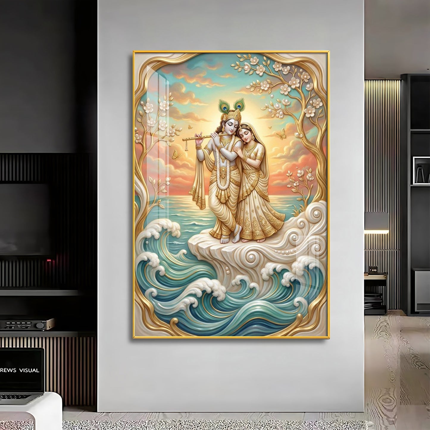 Beautiful Radha Krishna With Flute Premium Acrylic Vertical Wall Art