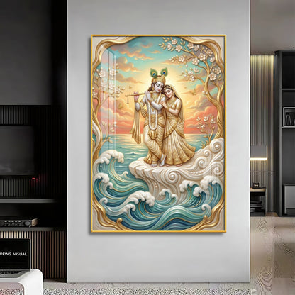Beautiful Radha Krishna With Flute Premium Acrylic Vertical Wall Art