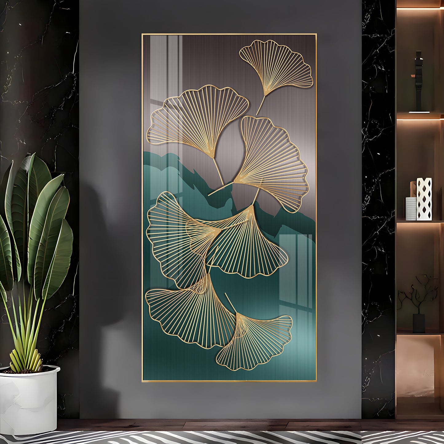 Golden Ginkgo Leaves With Dark green Premium Acrylic Vertical Wall Art