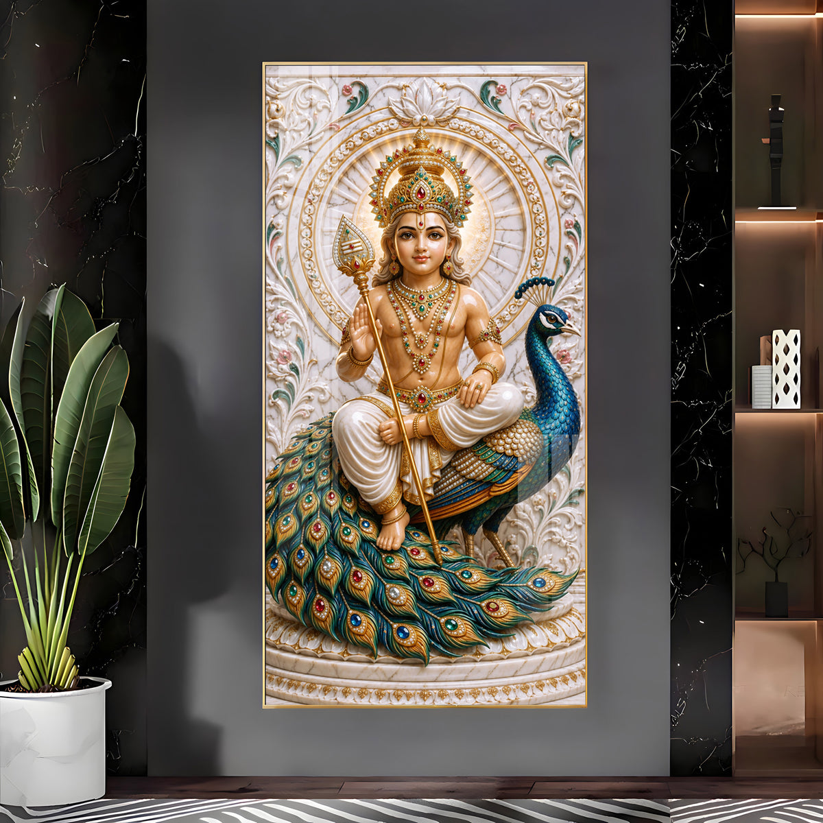 Holy Murugan With Peacock Premium Acrylic Vertical Wall Art
