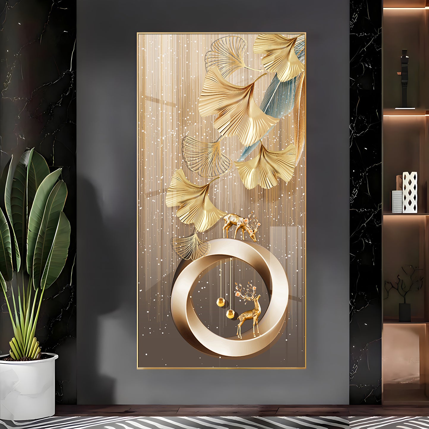 Golden Deer With Leaf Premium Acrylic Vertical Wall Art