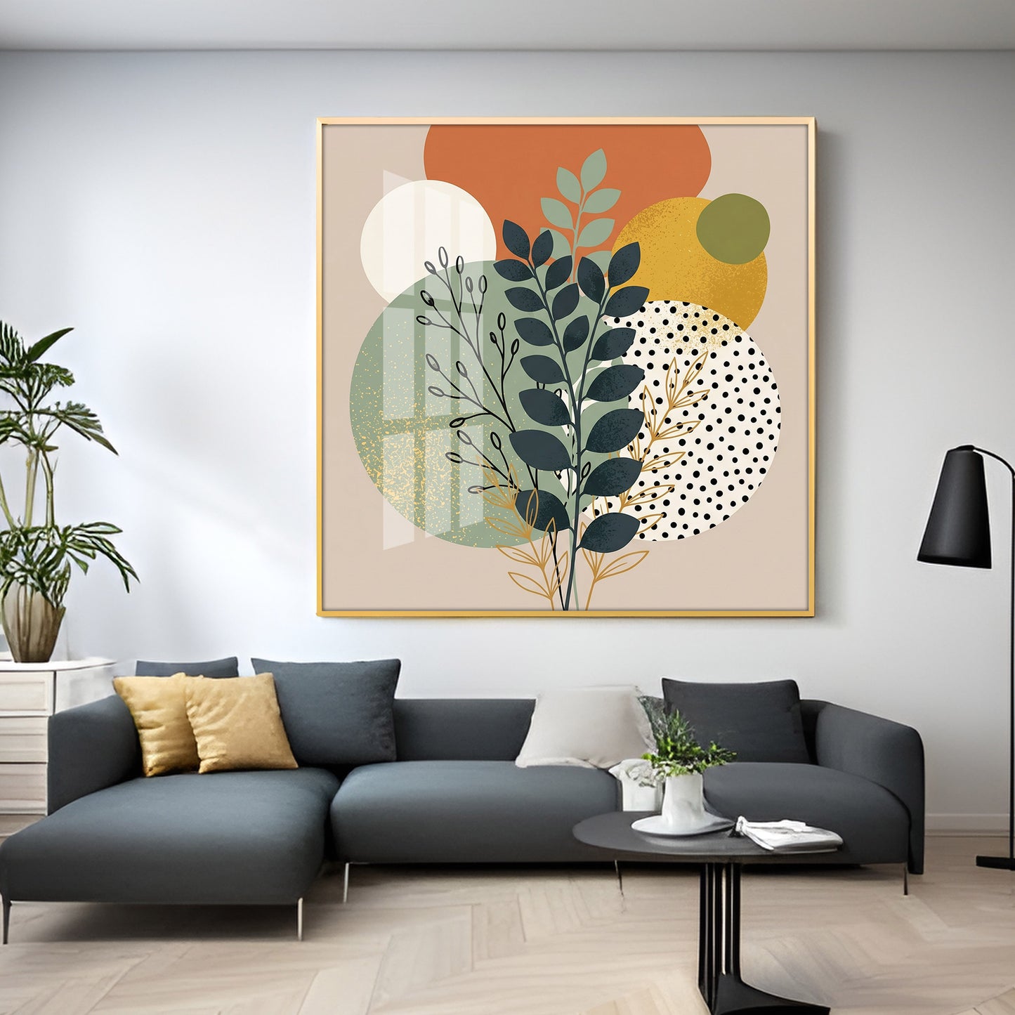 Leafy Branches Geometric Shapes Premium Acrylic Square Wall Art