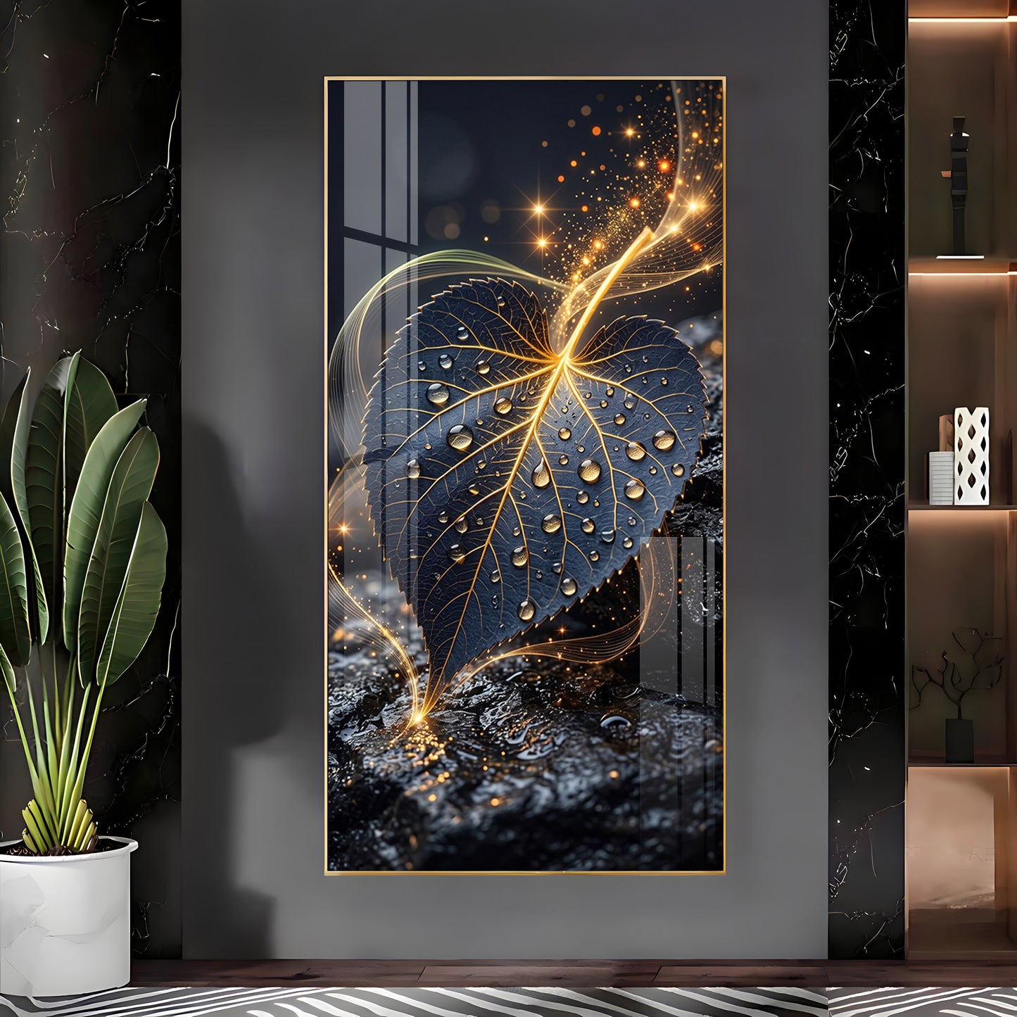 Golden Water Droplet Leaf Premium Acrylic Vertical Wall Art