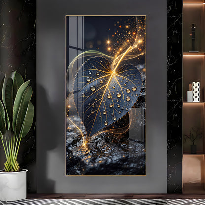 Golden Water Droplet Leaf Premium Acrylic Vertical Wall Art