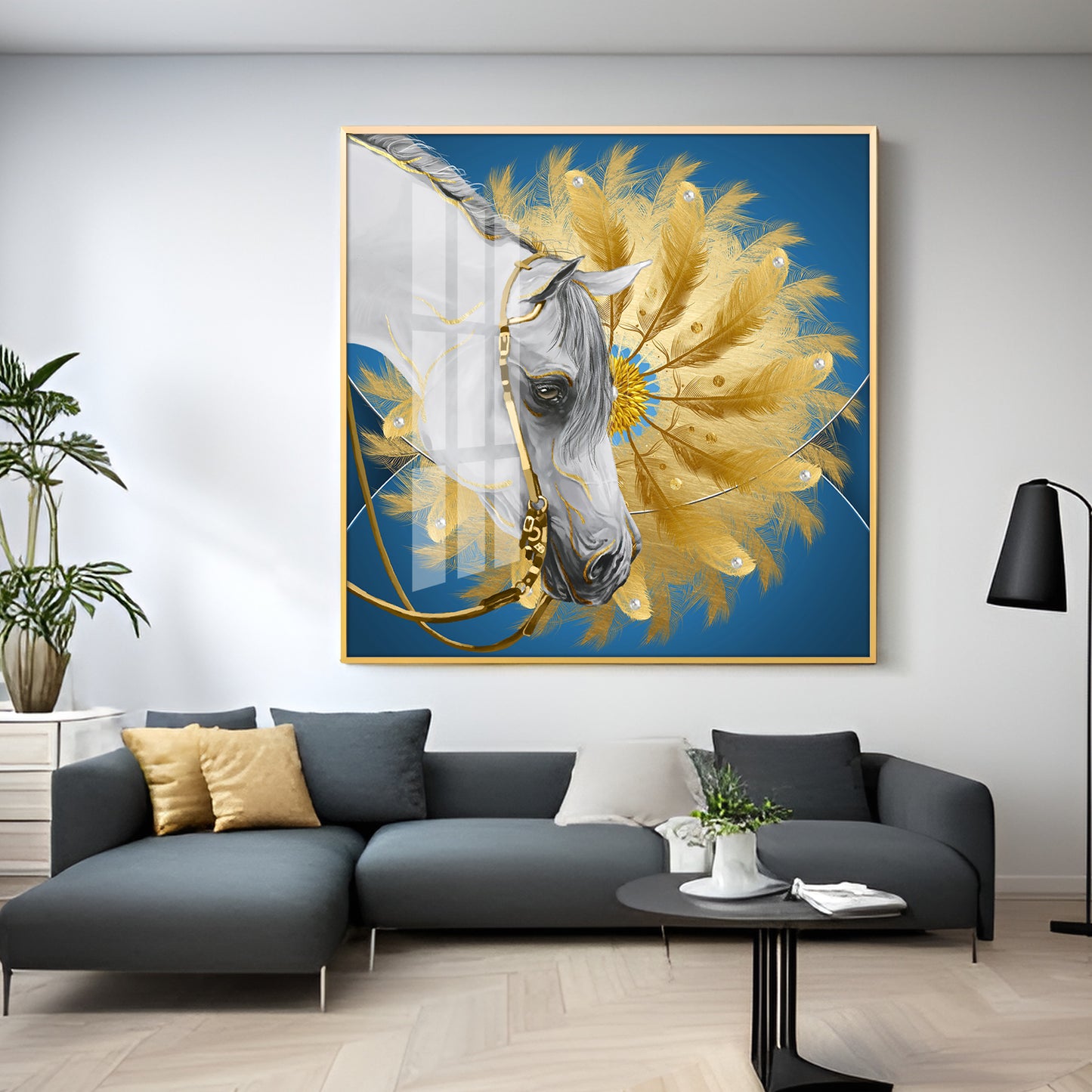 White Horse With Golden chakra Premium Acrylic Square Wall Art
