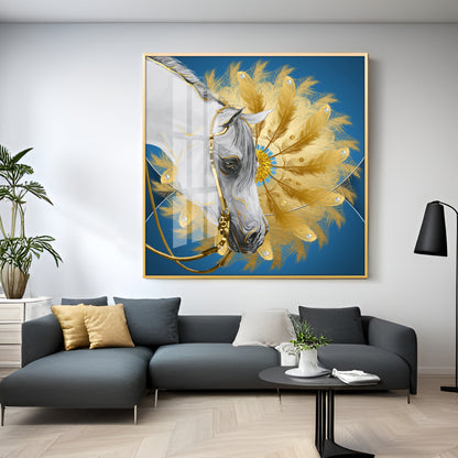 White Horse With Golden chakra Premium Acrylic Square Wall Art