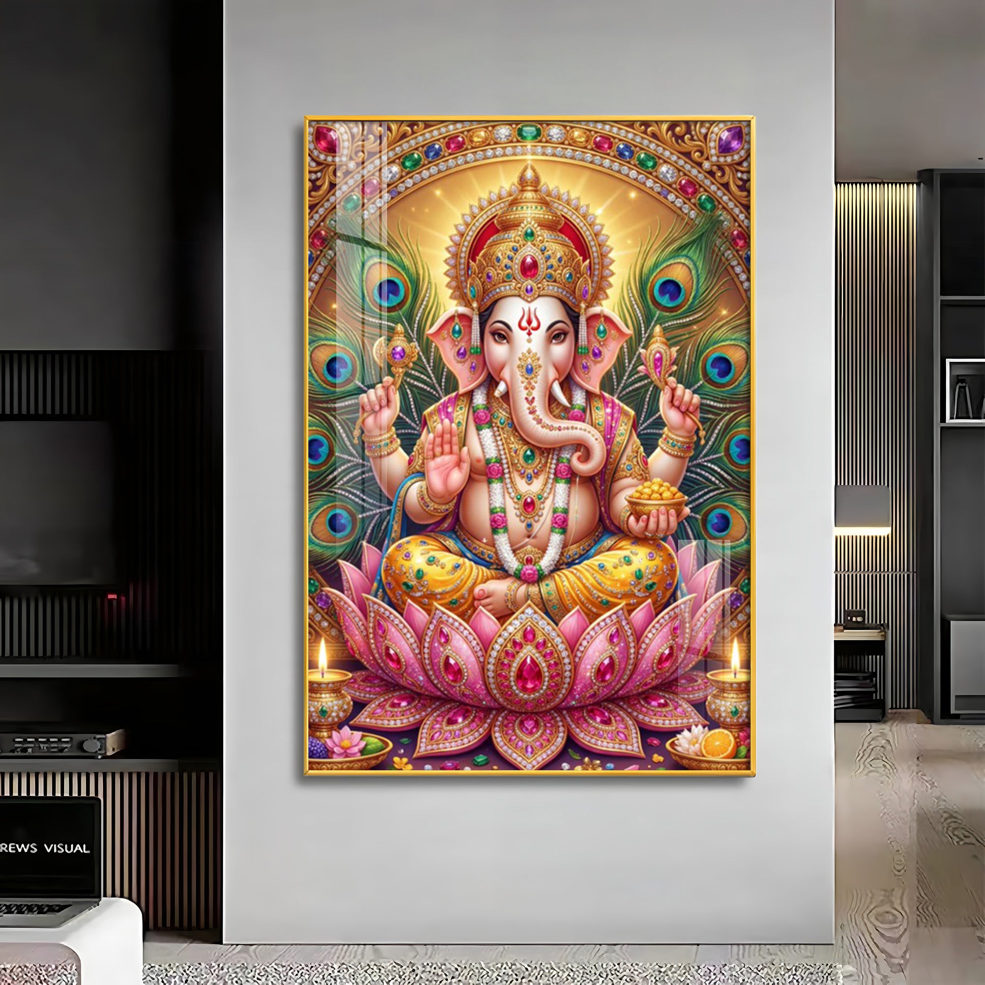 Lord Ganesha With Pink Lotus Premium Acrylic Vertical Wall Art