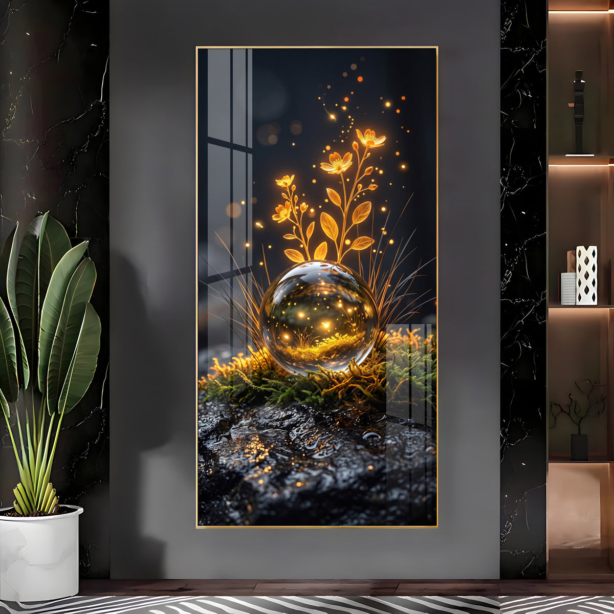 Glowing Crystal Orb & Golden Flowers Premium Acrylic Vertical Wall Art