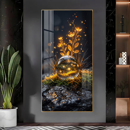 Glowing Crystal Orb & Golden Flowers Premium Acrylic Vertical Wall Art