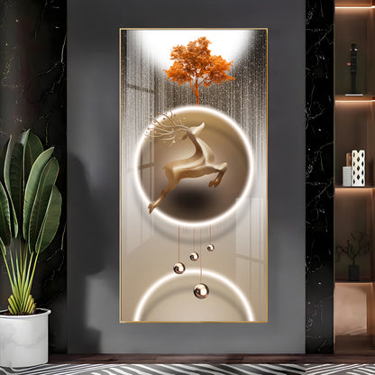 Golden Deer With Orange Tree Premium Acrylic Vertical Wall Art