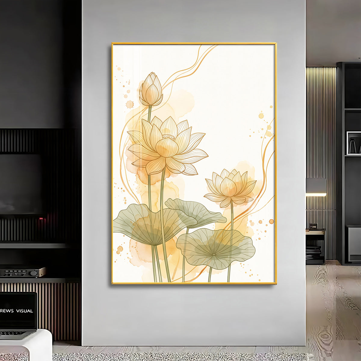 Golden Lotus Line Art Premium Acrylic Vertical Wall Art