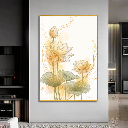 Golden Lotus Line Art Premium Acrylic Vertical Wall Art