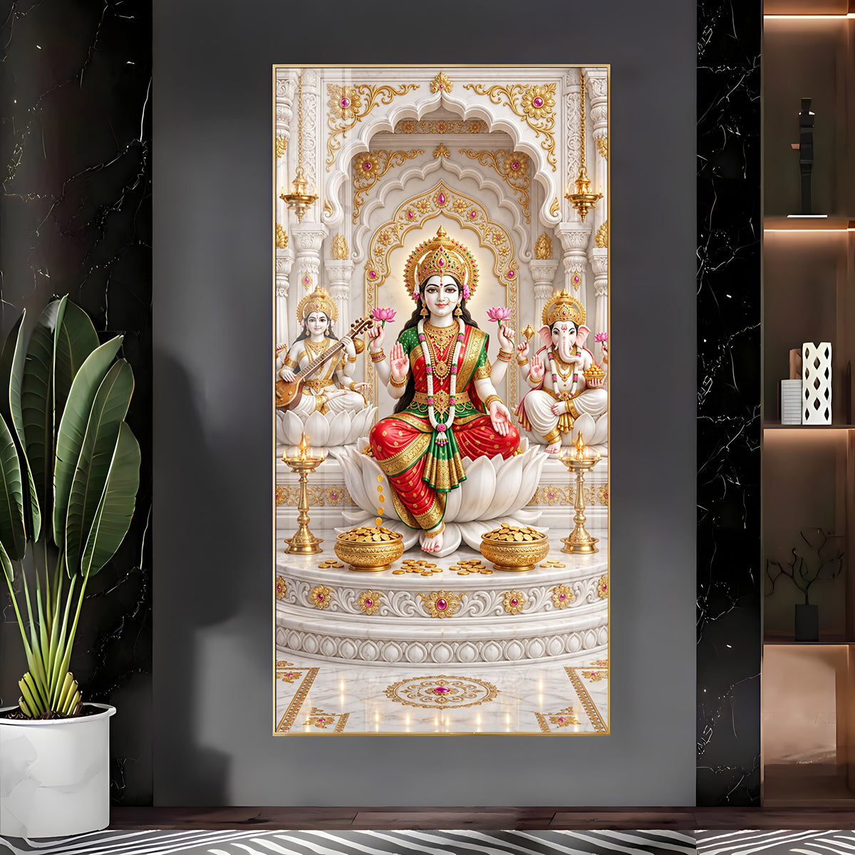 Divine Maa Saraswati, Laxmi & Lord Ganesh Ji Premium Acrylic Vertical Wall Art