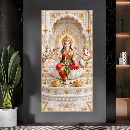 Divine Maa Saraswati, Laxmi & Lord Ganesh Ji Premium Acrylic Vertical Wall Art