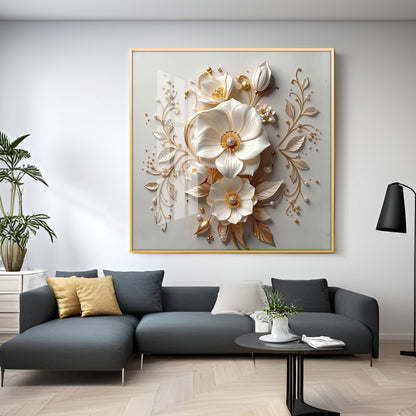 Elegant White Flowers With Gold Leaves Premium Acrylic Square Wall Art