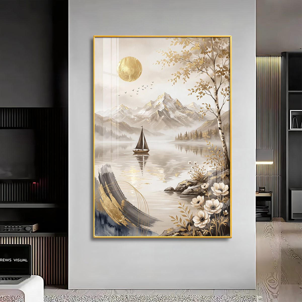 Abstract Lake Sailboat & Mountain Landscape Premium Acrylic Vertical Wall Art